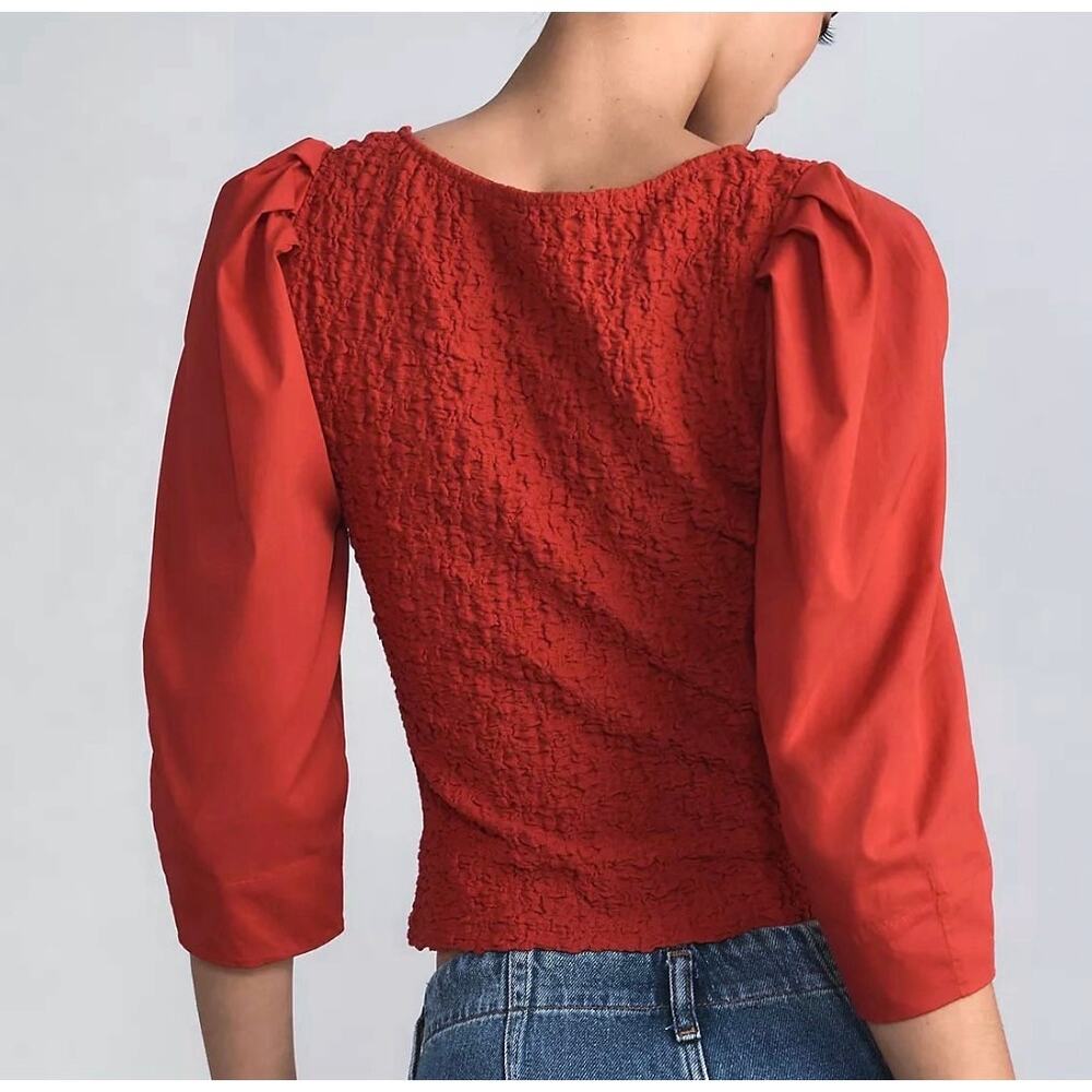 Anthropologie Red Smocked Cardigan Top Button Blouse Tagged XL Fits Like M / L - Picture 3 of 16